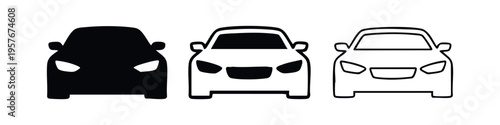 Front view car icons set. Minimalist vehicle symbols in solid and outline styles.