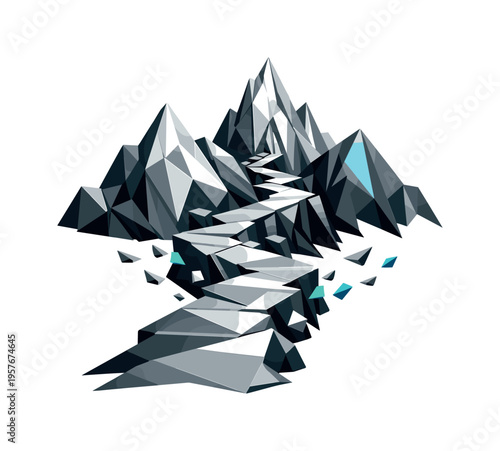 Low-poly vector illustration of the beginning of a mountain trail leading upward, angular path starting at the base of faceted