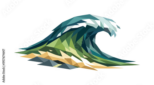 Geometric Wave Illustration. Low-poly vector illustration of a wave rolling forward after the powerful surge, angular water crest