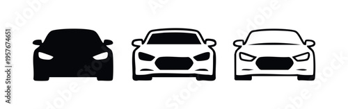 Automobile front view icons. Vehicle symbols in solid and outline styles on white.
