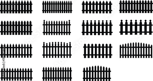 Black picket fence silhouette vector collection featuring various wooden garden boundary designs, minimal flat icon set isolated on white background illustration