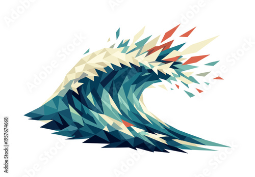 Low-poly vector illustration of a massive wave crashing forward in a burst of energy, faceted triangular water shards exploding