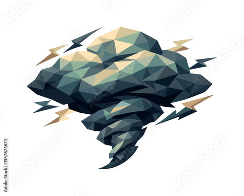 Low-poly vector illustration of a swirling storm cloud as the central hero object, faceted cloud mass built from sharp triangular
