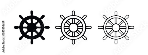 Ship's wheel icons set. Nautical helm symbols in solid and outline styles.