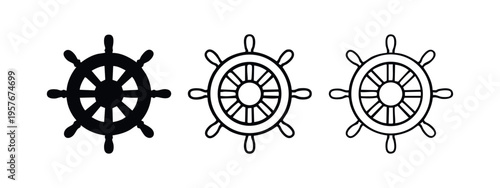 Ship Wheel Icon Set. Nautical Helm Symbol Collection. Marine Steering Wheel in Solid, Outline, and Linear Styles.
