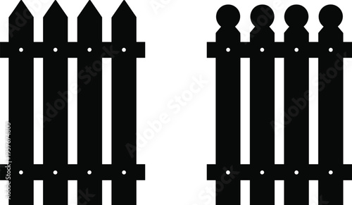 Black picket fence silhouette vector set featuring pointed and round top styles, minimal flat icon design isolated on white background illustration