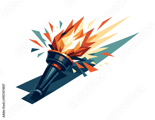 Low-poly vector illustration of a torch blazing brightly while lighting a path, faceted triangular flame rays shooting outward