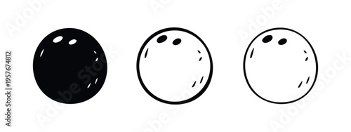 Bowling Ball Icon Set. Classic Sports Equipment Symbol in Solid, Outline, and Linear Styles.