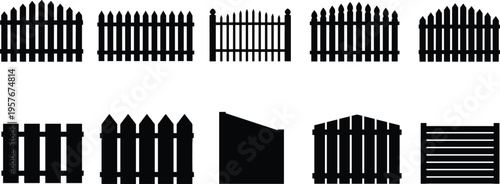 Black picket fence silhouette vector collection featuring various wooden garden boundary styles, minimal flat icon set for outdoor design isolated on white background