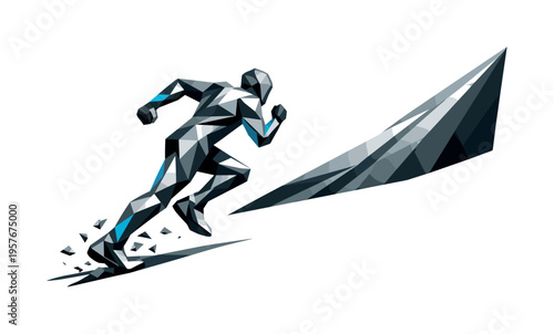 Futuristic Runner Ready. Low-poly vector illustration of a runner approaching an uphill slope, angular faceted body leaning