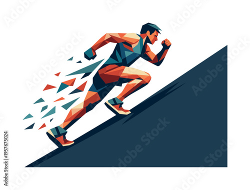 Dynamic Runner Illustration. Low-poly vector illustration of a runner pushing aggressively up a steep incline, faceted triangular