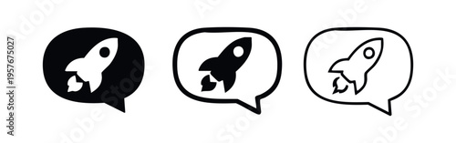Rocket in speech bubble icon set. Symbolizing startup, innovation, and rapid progress in communication.