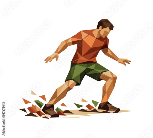 Low-poly vector illustration of a runner stabilizing after a downhill sprint, angular faceted body upright with crisp triangular