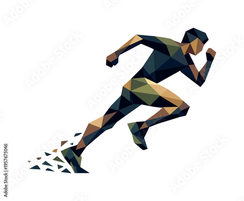 Low-poly vector illustration of a runner training at night, faceted athlete figure built from sharp triangular polygon planes