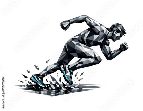 Geometric Runner Sprint. Low-poly vector illustration of a runner approaching a rain-soaked track, angular faceted body crouched