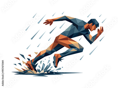 Low-poly vector illustration of a runner sprinting through rain, faceted athlete figure built from sharp triangular polygon