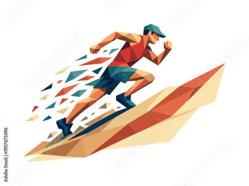 Dynamic Desert Runner. Low-poly vector illustration of a runner powering across steep sand dunes, faceted triangular limbs