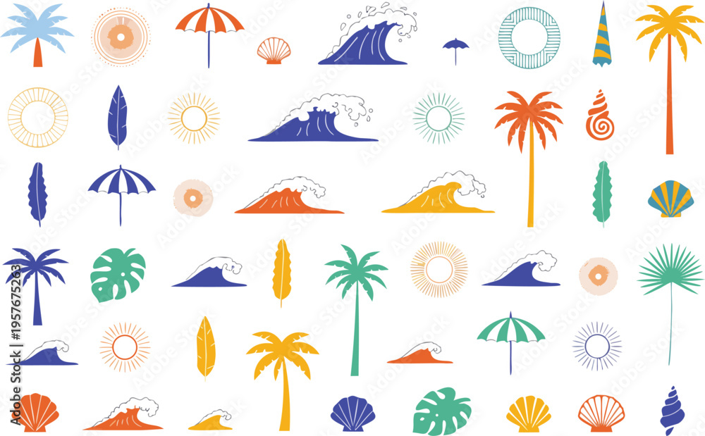 Fototapeta premium Collection of colorful tropical summer icons featuring palm trees waves suns and beach elements Vector