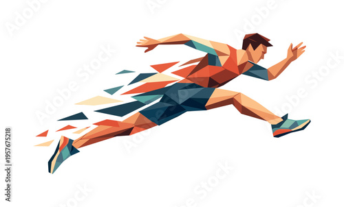 Low-poly vector illustration of a runner mid-leap after pushing off the ground, faceted triangular limbs fully extended while