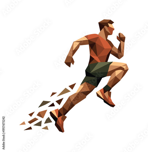 Low-poly vector illustration of a runner stabilizing in mid-air after the initial jump, angular faceted body upright with crisp