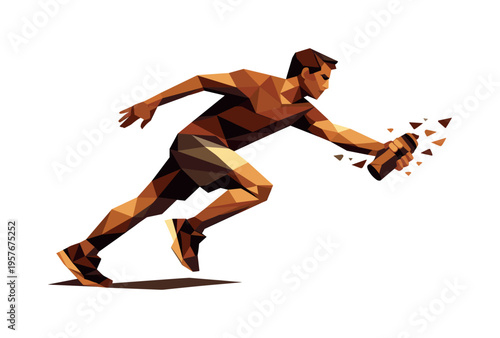 Low-poly vector illustration of a runner grabbing a hydration bottle mid-stride, faceted athlete figure built from sharp