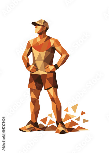 Low-poly vector illustration of a runner stabilizing after the sunrise run, angular faceted body upright with crisp triangular