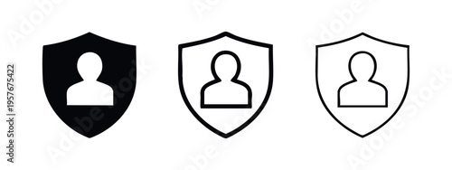 Account security shield icon set. User profile protected by a digital safeguard symbol.