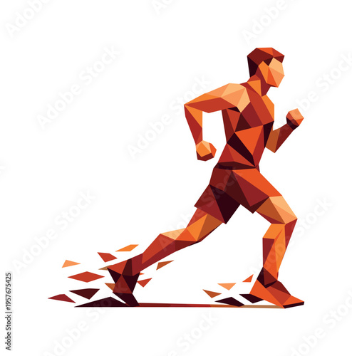 Sunset Runner Silhouette. Low-poly vector illustration of a runner pacing along a path at sunset, faceted athlete figure built
