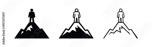 Man standing on the peak of a mountain icon set. Concept of ultimate achievement and success.