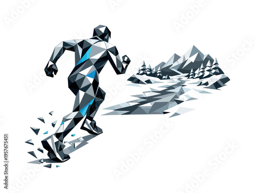 Low-poly vector illustration of a runner approaching a snowy path, angular faceted body leaning slightly forward with triangular