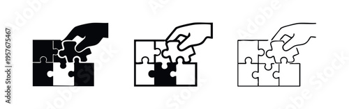 Hand adding the last piece to a puzzle icon set. Concept of problem solving and successful completion.