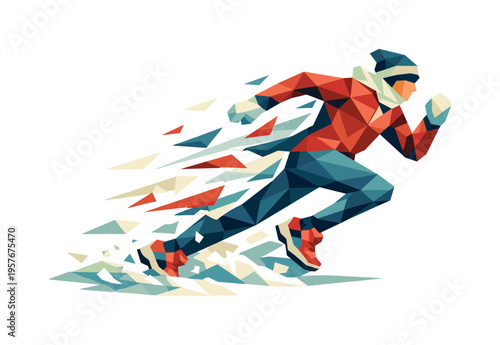 Low-poly vector illustration of a runner actively jogging through snow, faceted triangular limbs extended while explosive polygon