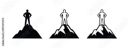 Confident man standing on a mountain peak icon set. Symbolizing achievement, leadership, and triumph.