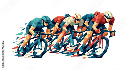 Dynamic Peloton Surge. Low-poly vector illustration of a peloton surging forward at high speed, faceted triangular cyclist figures