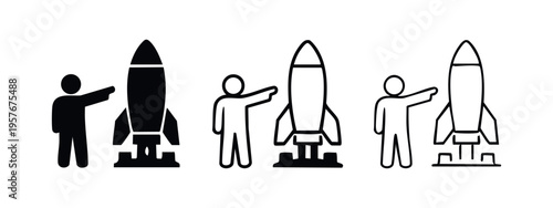 Man pointing at a rocket icon set. Symbolizing business startup, innovation, and future ambition.