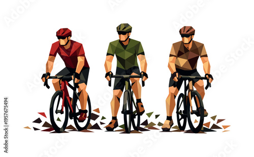 Low-poly vector illustration of cyclists stabilizing after a peloton surge, angular faceted bodies upright with crisp triangular
