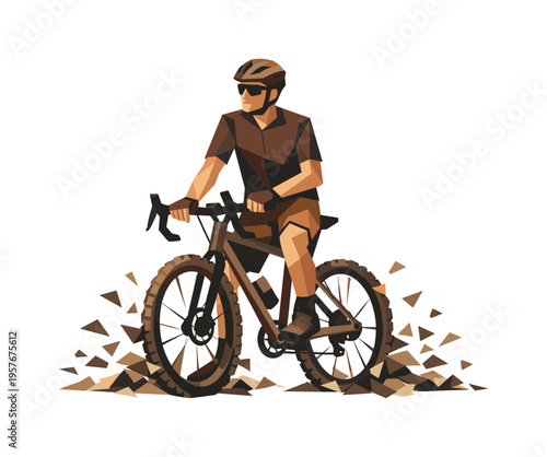 Low-poly vector illustration of a cyclist stabilizing after a gravel ride segment, angular faceted body upright with crisp