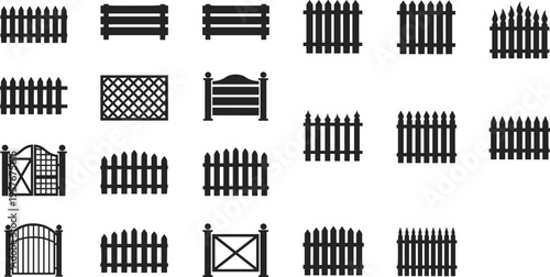 Fence and gate vector silhouette collection featuring wooden picket, lattice panels, decorative garden barriers, minimal black icon set isolated on white background design