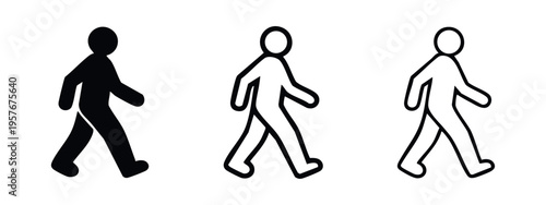 Walking person icon set. Pedestrian sign and symbol in black silhouette, bold outline, and thin line styles.