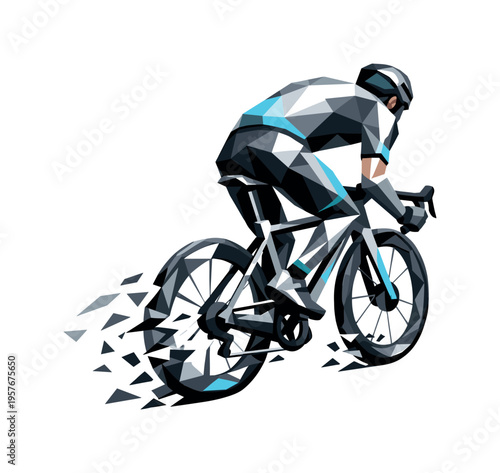 Low-poly vector illustration of a cyclist approaching a dark road, angular faceted body leaning forward with triangular limbs