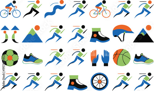 Set of colorful flat vector icons representing various sports activities and essential athletic gear Vector
