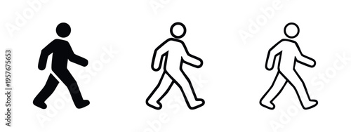 Walking person icon set. Pedestrian sign and symbol in black silhouette, bold outline, and thin line styles.