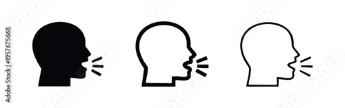 Speaking head icon set. Communication, shouting, and announcement symbol in black silhouette, bold outline, and thin line styles.