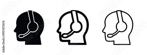 Headset icon set. Customer service, support, and call center symbol in black silhouette, bold outline, and thin line styles.