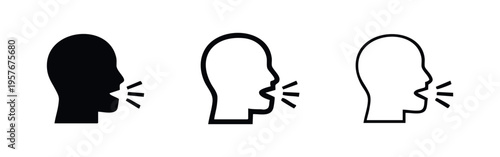 Speaking head icon set. Communication, shouting, and announcement symbol in black silhouette, bold outline, and thin line styles.