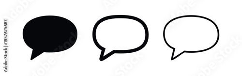 Round speech bubble icon set. Chat, message, and communication symbol in black fill, bold outline, and thin line styles.