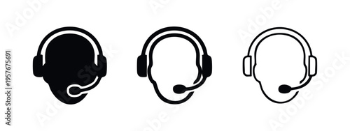 Customer service headset icon set. Support, call center, and communication symbol in black silhouette, bold outline, and thin line styles.