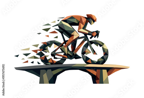Low-poly vector illustration of a cyclist crossing a bridge, faceted athlete figure built from sharp triangular polygon planes on