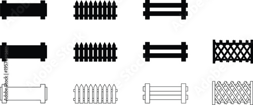 Fence vector icon set featuring black silhouettes and outline styles, including wooden picket, lattice panels, garden barriers, minimal design collection isolated on white background