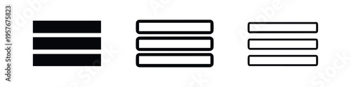Hamburger menu icon set in three styles: solid, bold outline, and thin outline for web and app interfaces.